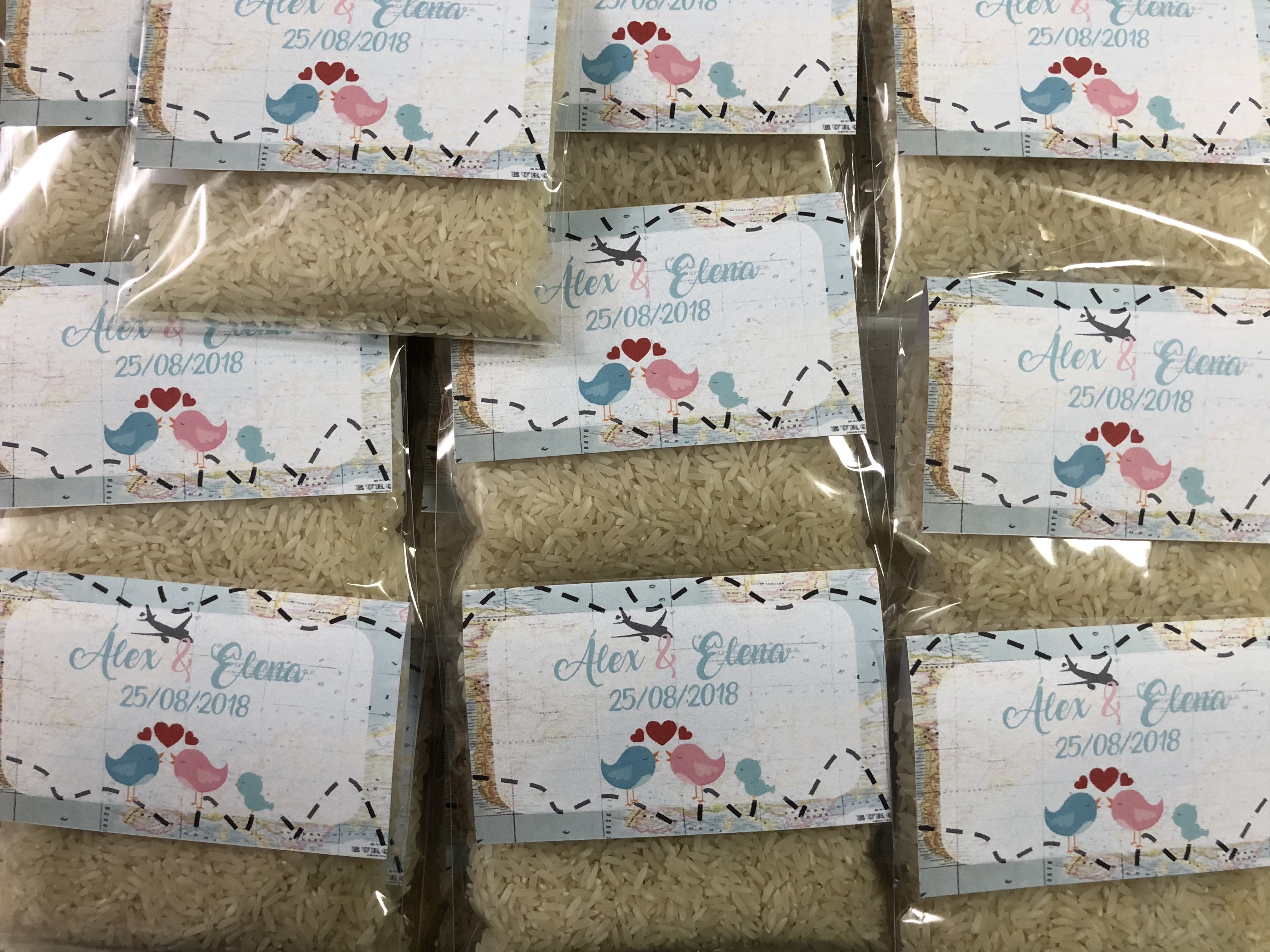 Bolsa de arroz fondo mapa azul con pájaros