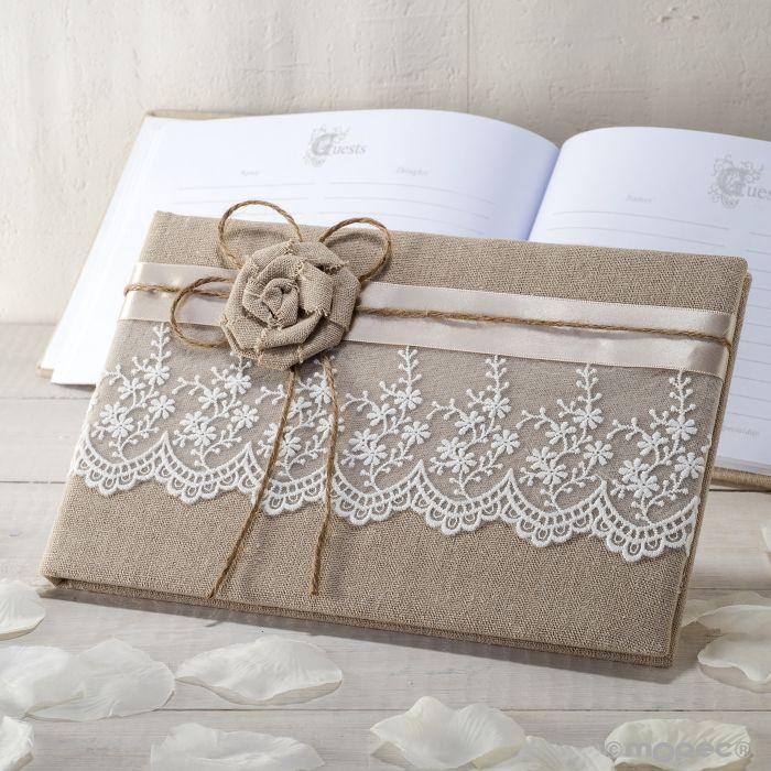 Libro de firmas yute con flor y puntilla G18