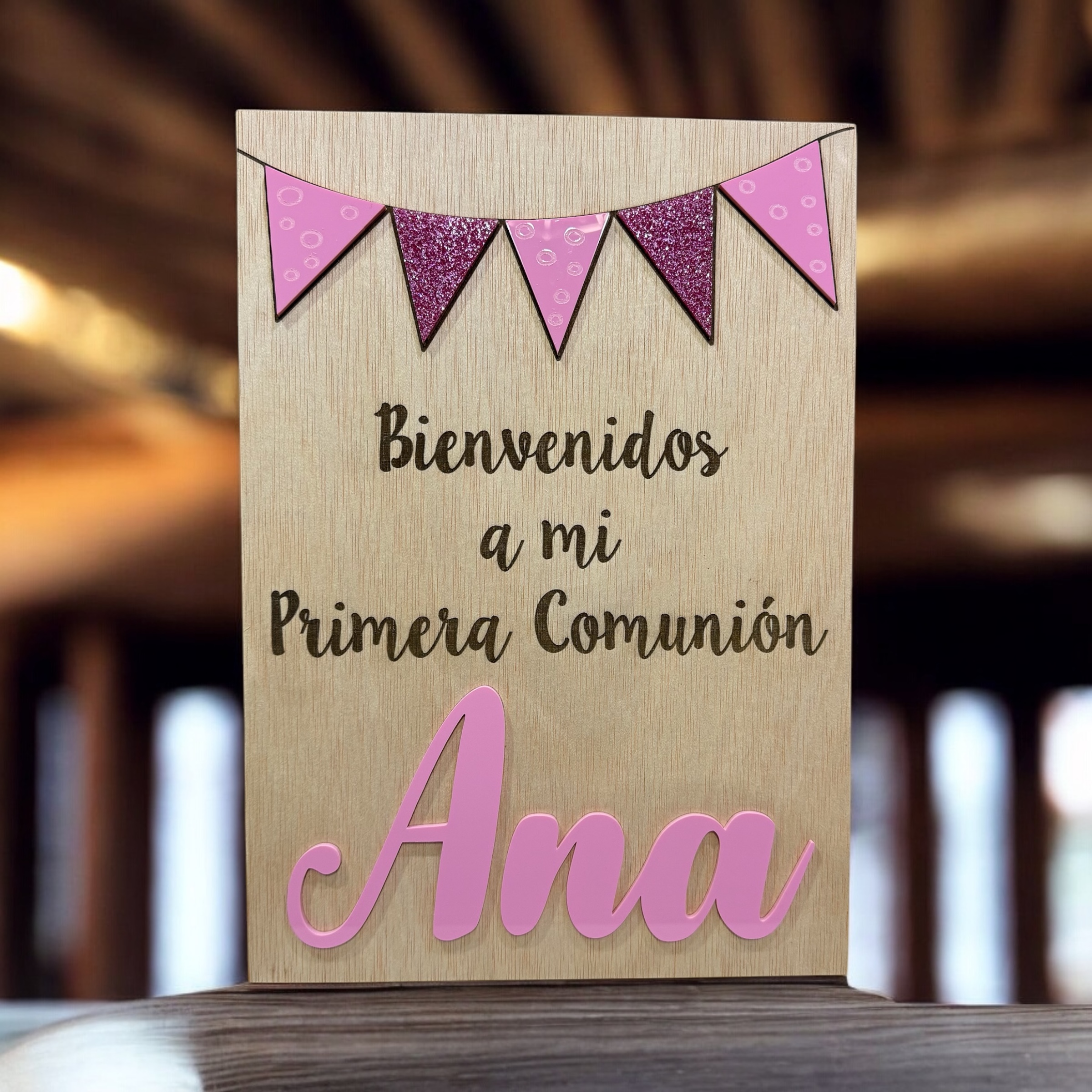 Cartel bienvenida madera y metacrilato