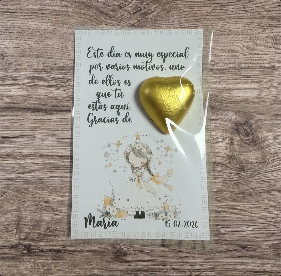 Tarjeta de agradecimiento con bombón niña flores y estrellas