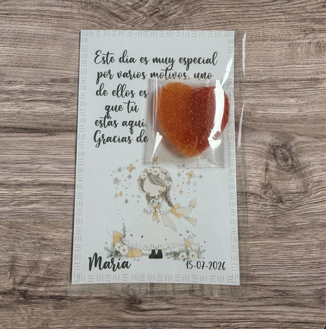 Tarjeta de agradecimiento con gominola niña flores y estrellas