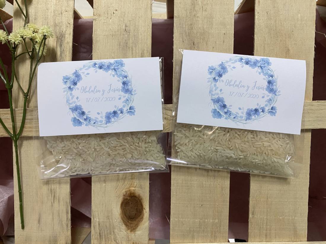 Bolsa de arroz corona flores azules