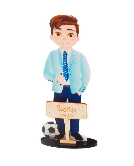Figura personalizada para tarta niño con balón y chaqueta azul en metacrilato 7659