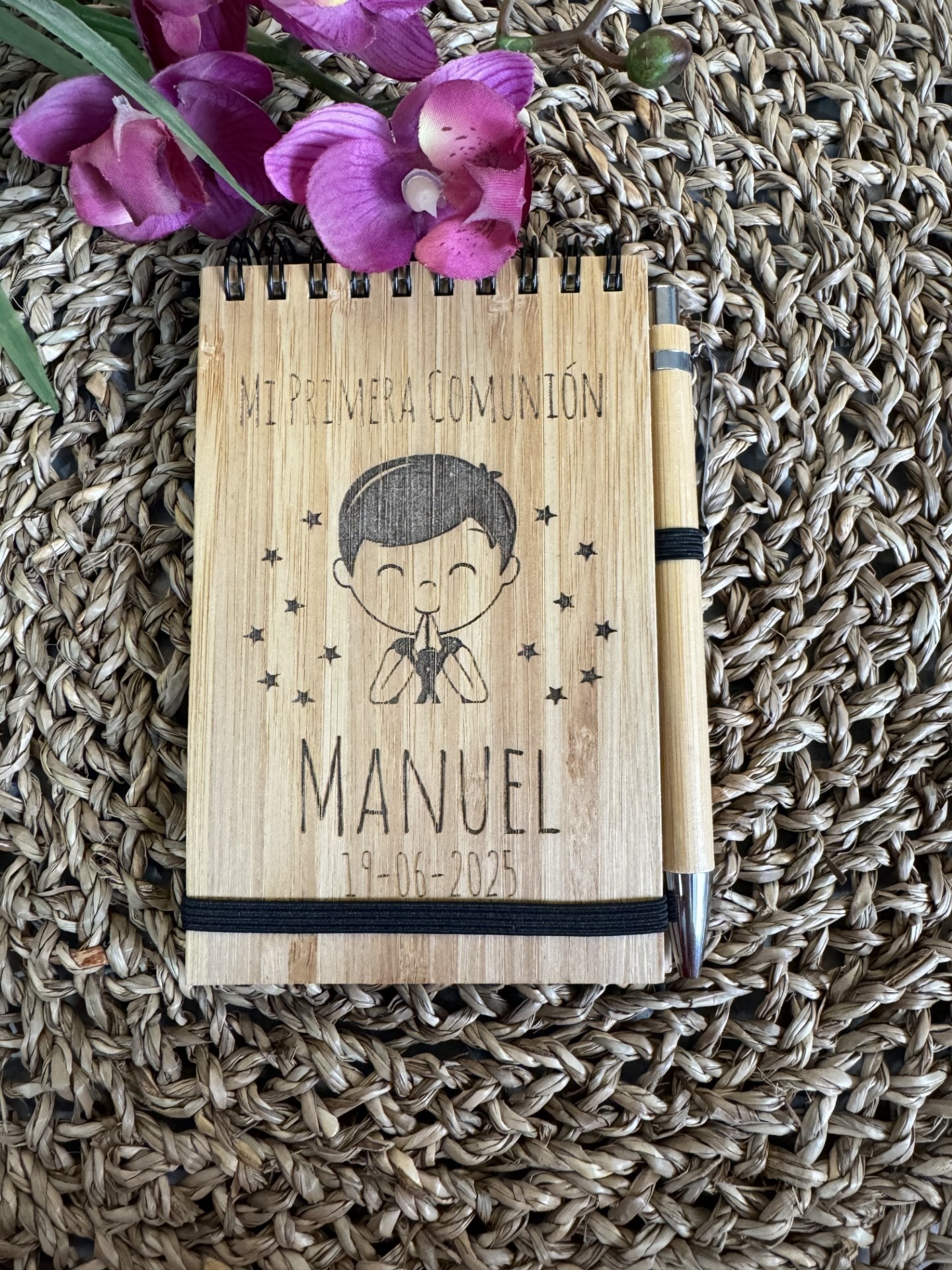 Bloc de anillas A5 con bolígrafo y tapas de madera de bambú personalizada