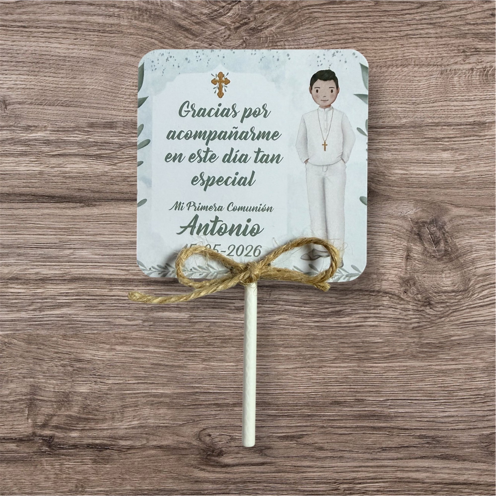 Piruleta de agradecimiento niño hojas olivo y cruz