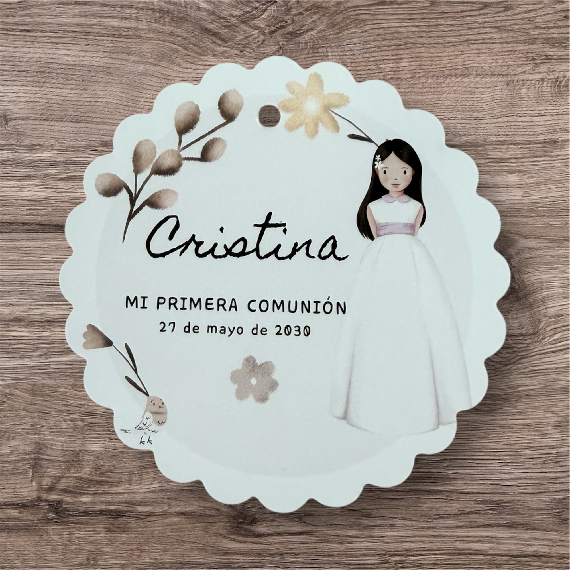 Tarjeta detalles niña flores marrones