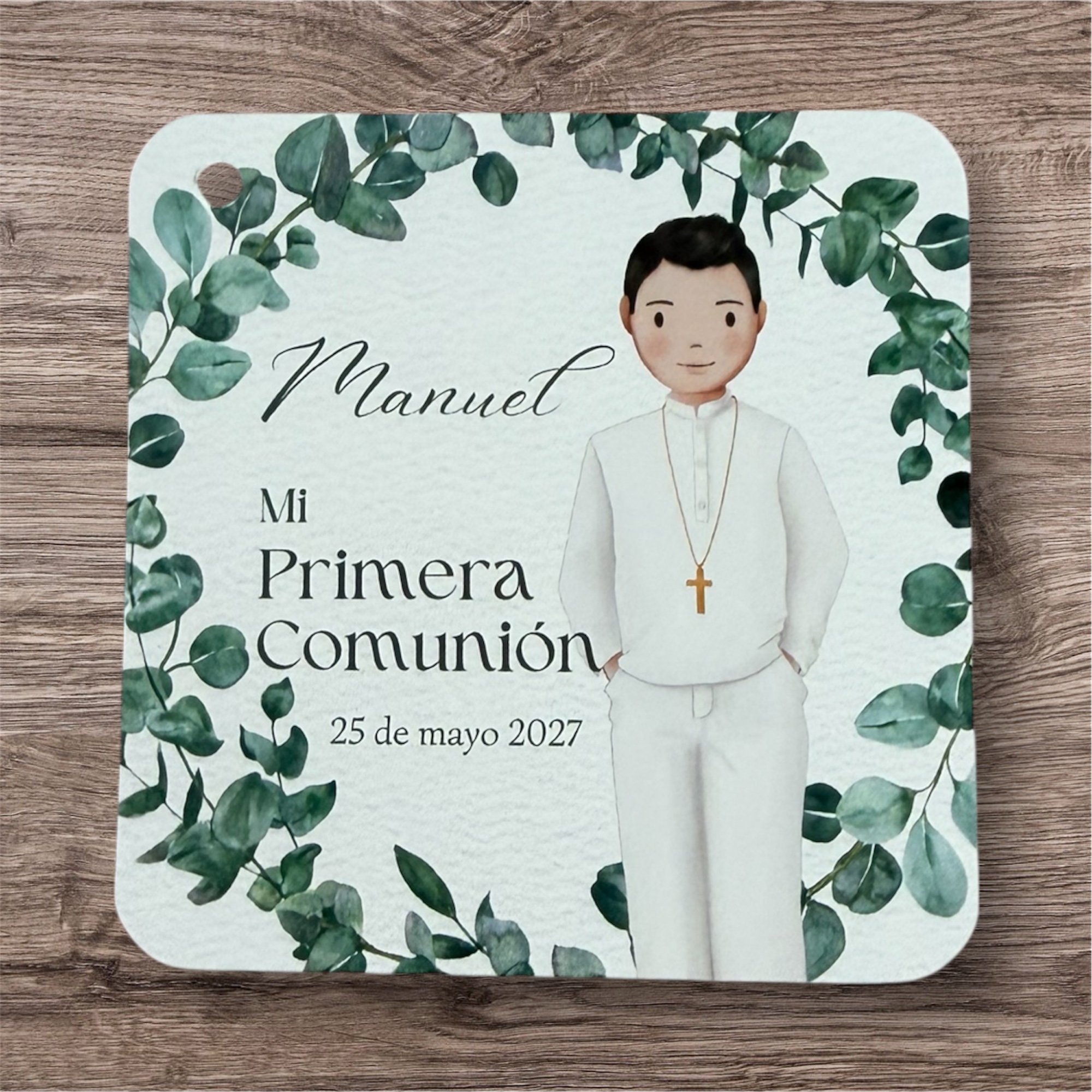 Tarjeta detalles niño hojas olivo